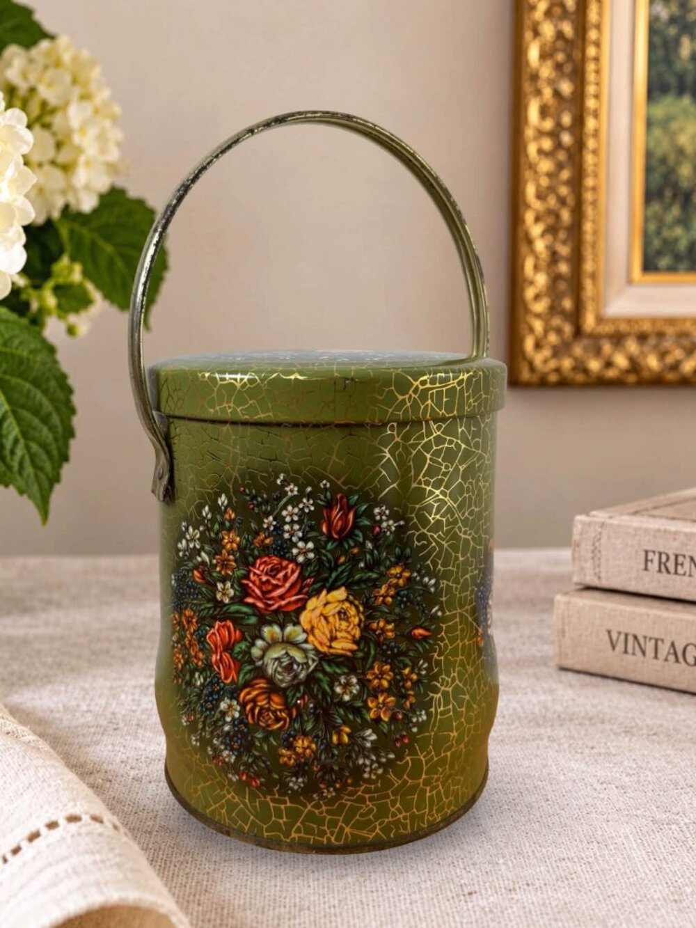 Vintage Daher Decorated Floral Tin Bucket W/ Lid & Handle Made In England